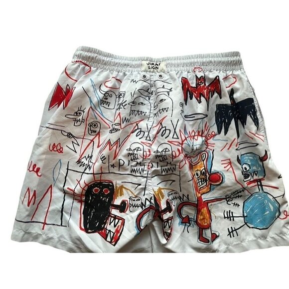 Basquiat Short Kid M White Jimmy Lion Swim Trunk Graffiti Pull On Dragon Monster - Picture 7 of 12
